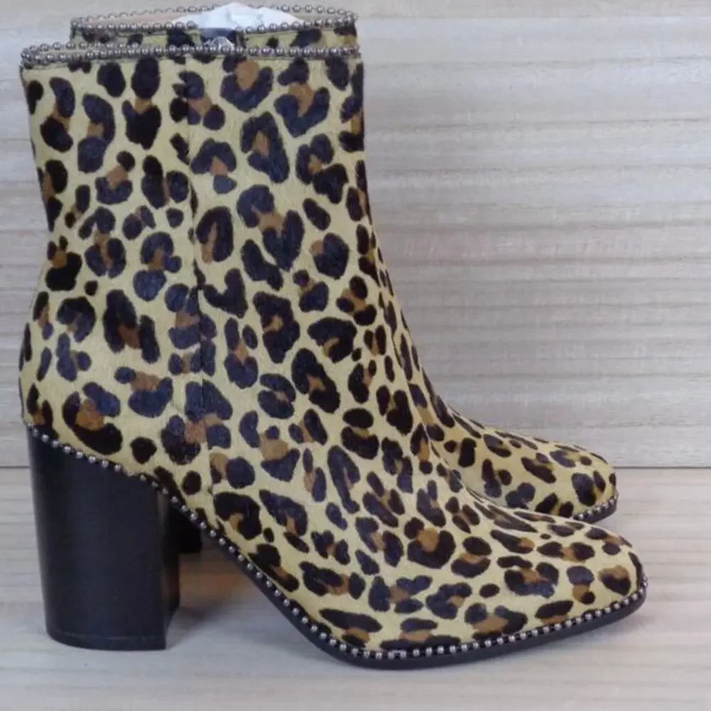 Coach Drea Beadchain Heeled Lepoard Printed‎ Haircalf Bootie Side Zip Womens 6